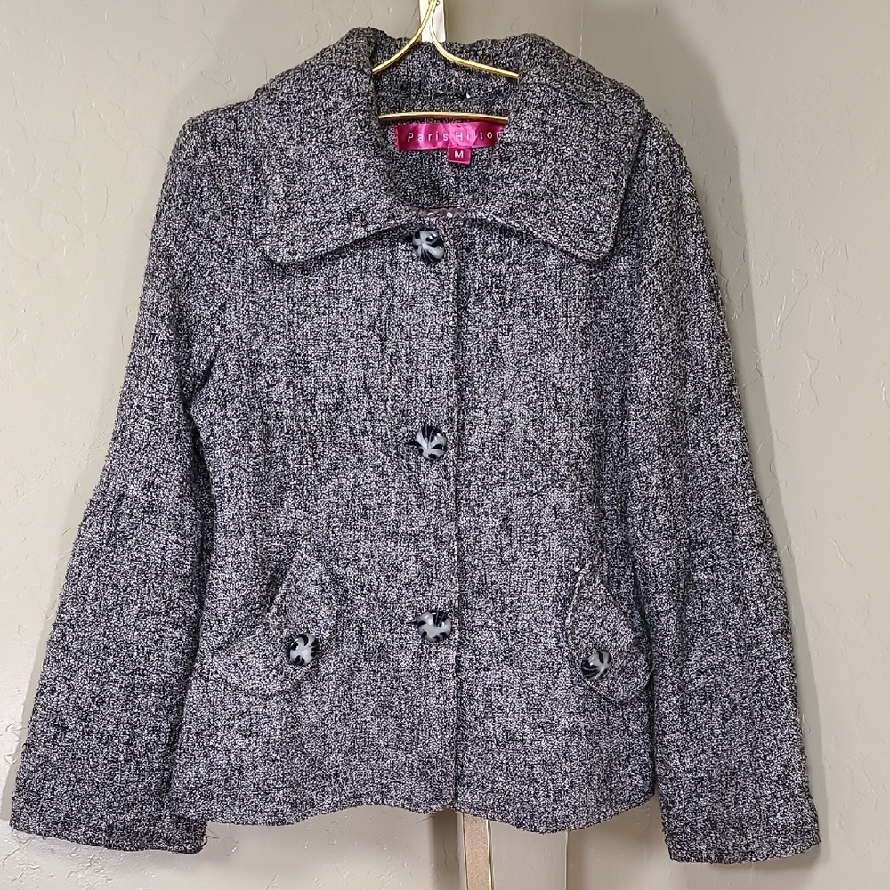 Paris Hilton Y2K Wool Blend Pea Coat Brown Polka Dot Lining Medium